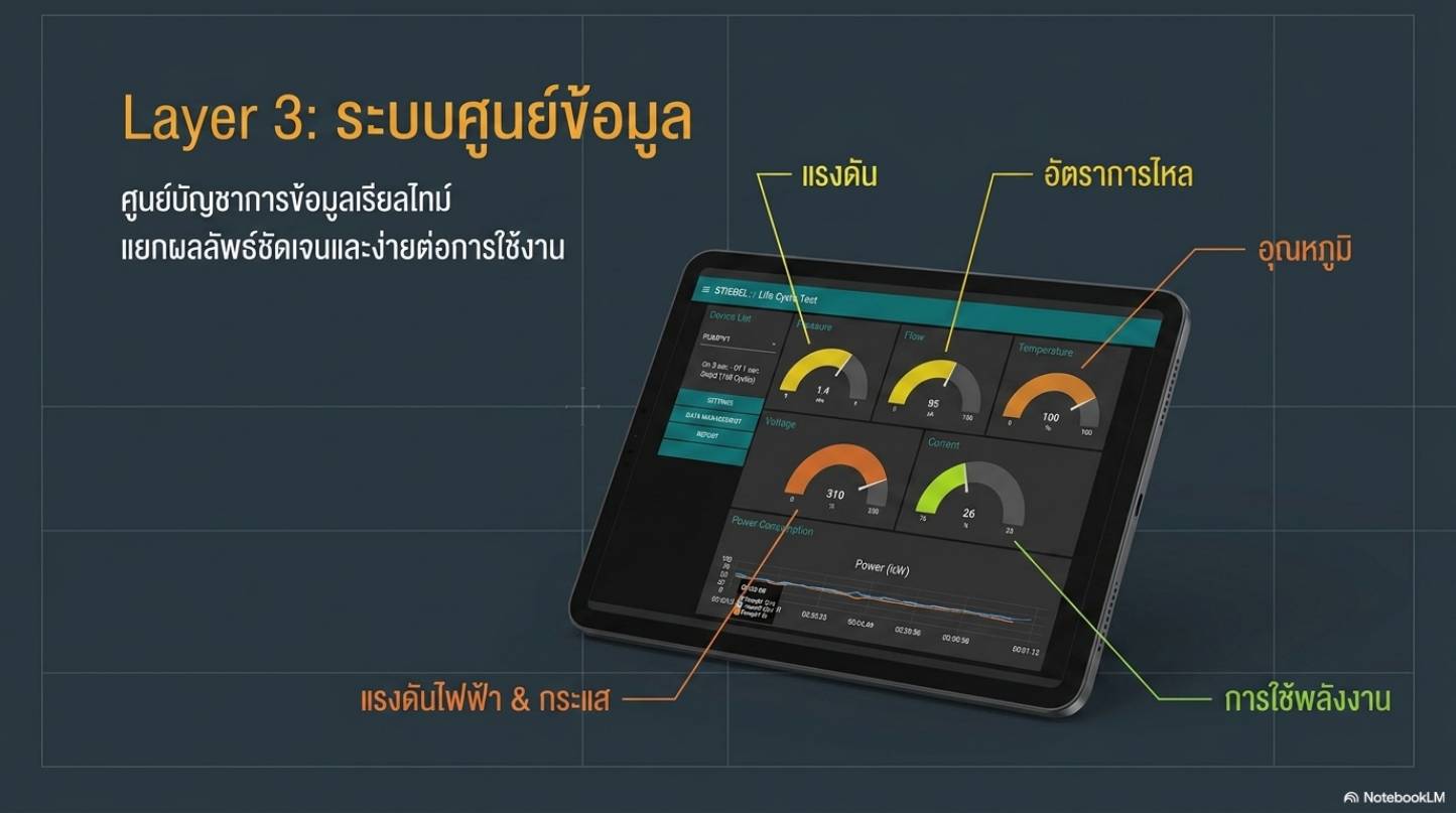 แดชบอร์ดแท็บเล็ตแสดงแรงดัน อุณหภูมิ และการใช้พลังงาน